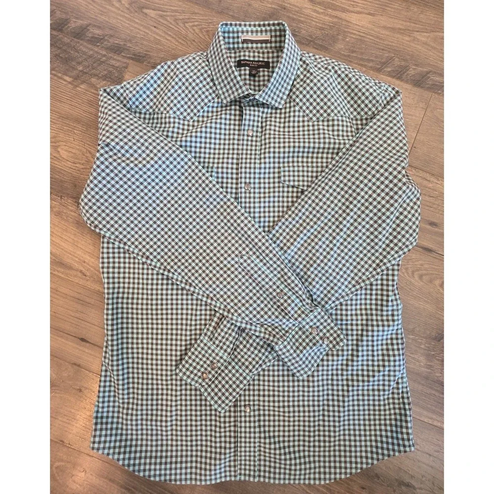 Men's sz M Banana Republic Slim Fit Western Gingham Snap Front Shirt Blue Brown
